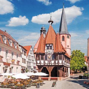 Michelstadt mit historischem Rathaus und Marktplatz 

